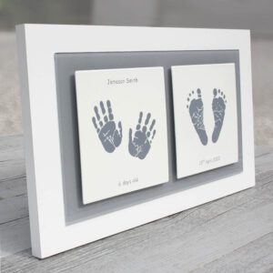 Enamel baby keepsake frame handprints, footprints & baby photo grey