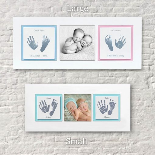Twins Enamel baby keepsake frame handprints, footprints & baby photo