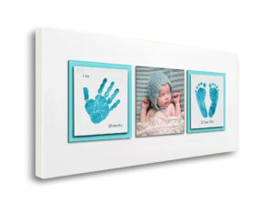 Enamel baby keepsake frame handprints, footprints & baby photo aqua