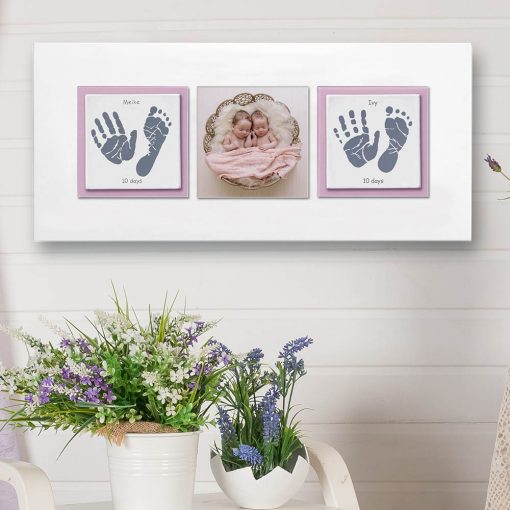 Twins Enamel baby keepsake frame handprints, footprints & baby photo
