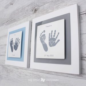 Enamel Baby hand and footprint frame grey and blue square
