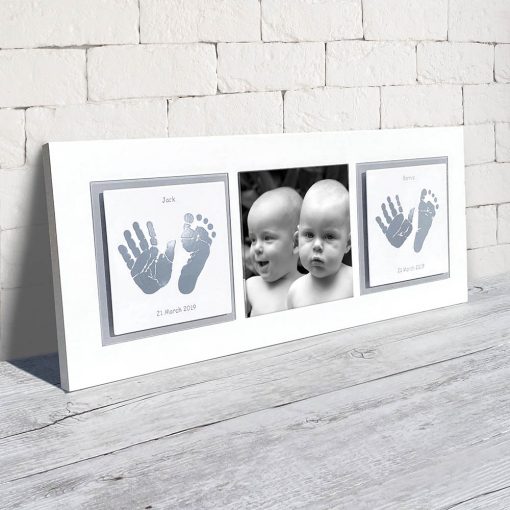 Twins Enamel baby keepsake frame handprints, footprints & baby photo