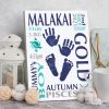 Baby name frame block mount print large aqua, grey, navy