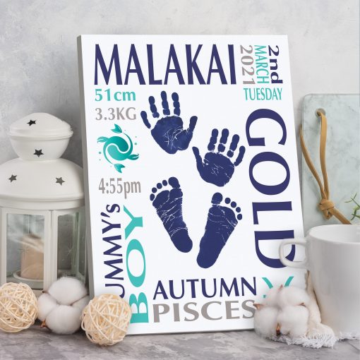 Baby name frame block mount print large aqua, grey, navy