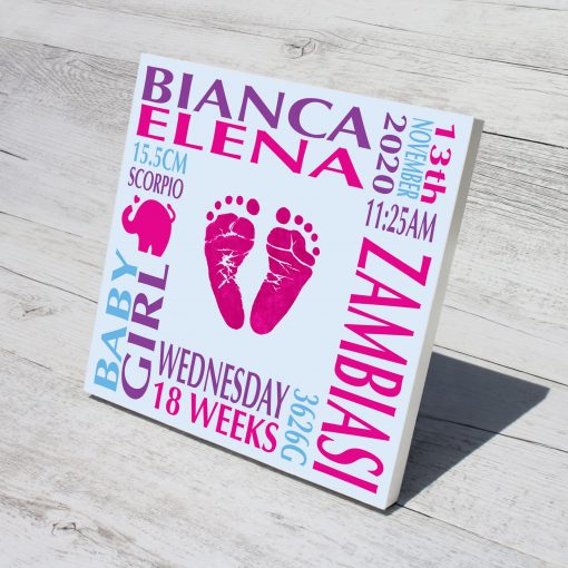 Baby name frame block mount print pink, purple, blue