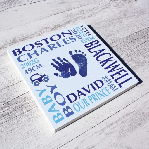 Baby name frame block mount print blue
