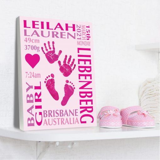 Baby name frame block mount print large pink