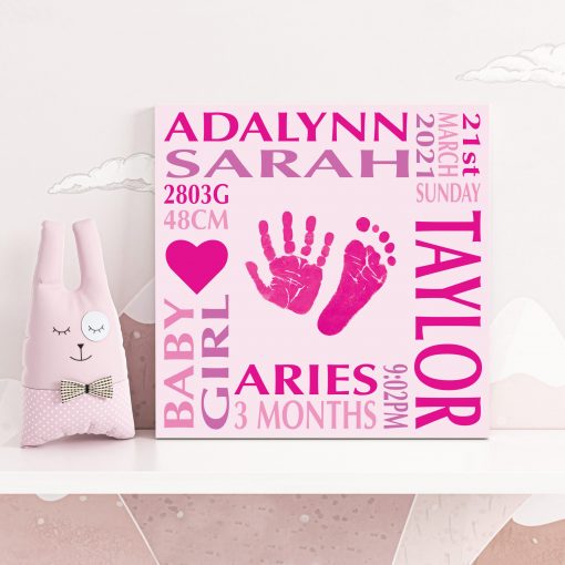 Baby name frame block mount print pink