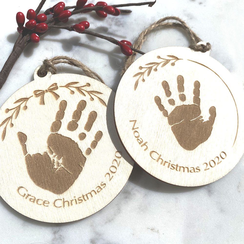 Personalised christmas decoration bauble wooden engraved baby's first christmas