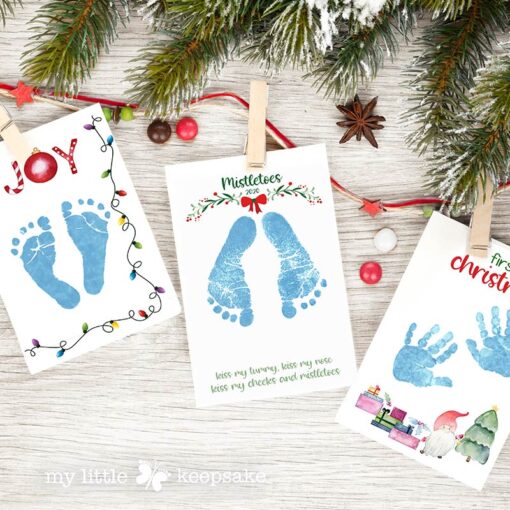 Christmas hand & footprint art - mistletoes, baby's first Christmas inkless print kit