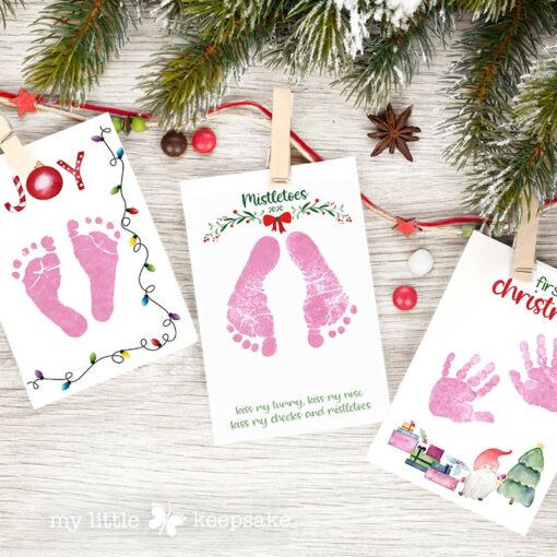 Christmas hand & footprint art - mistletoes, baby's first Christmas inkless print kit